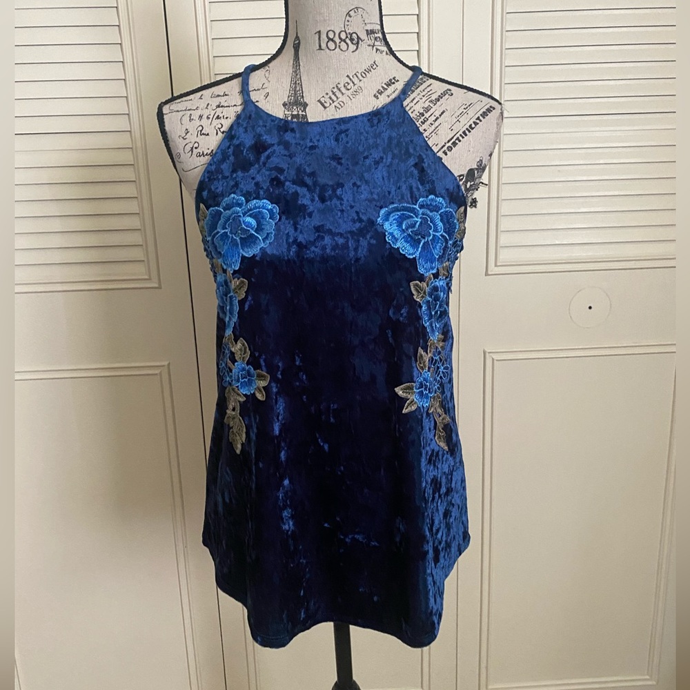 Charming Charlie high neckline navy velvet tank top floral embroidery sleeveless